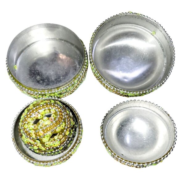 Vintage Round Nesting Trinket Boxes Green Beaded and Mirrored Four in One - Picture 7 of 12